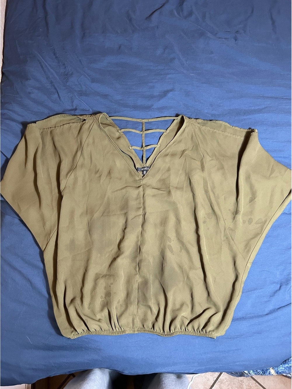 XOXO Women's Olive Green V-Neck Blouse with Strappy Detail, Size Small